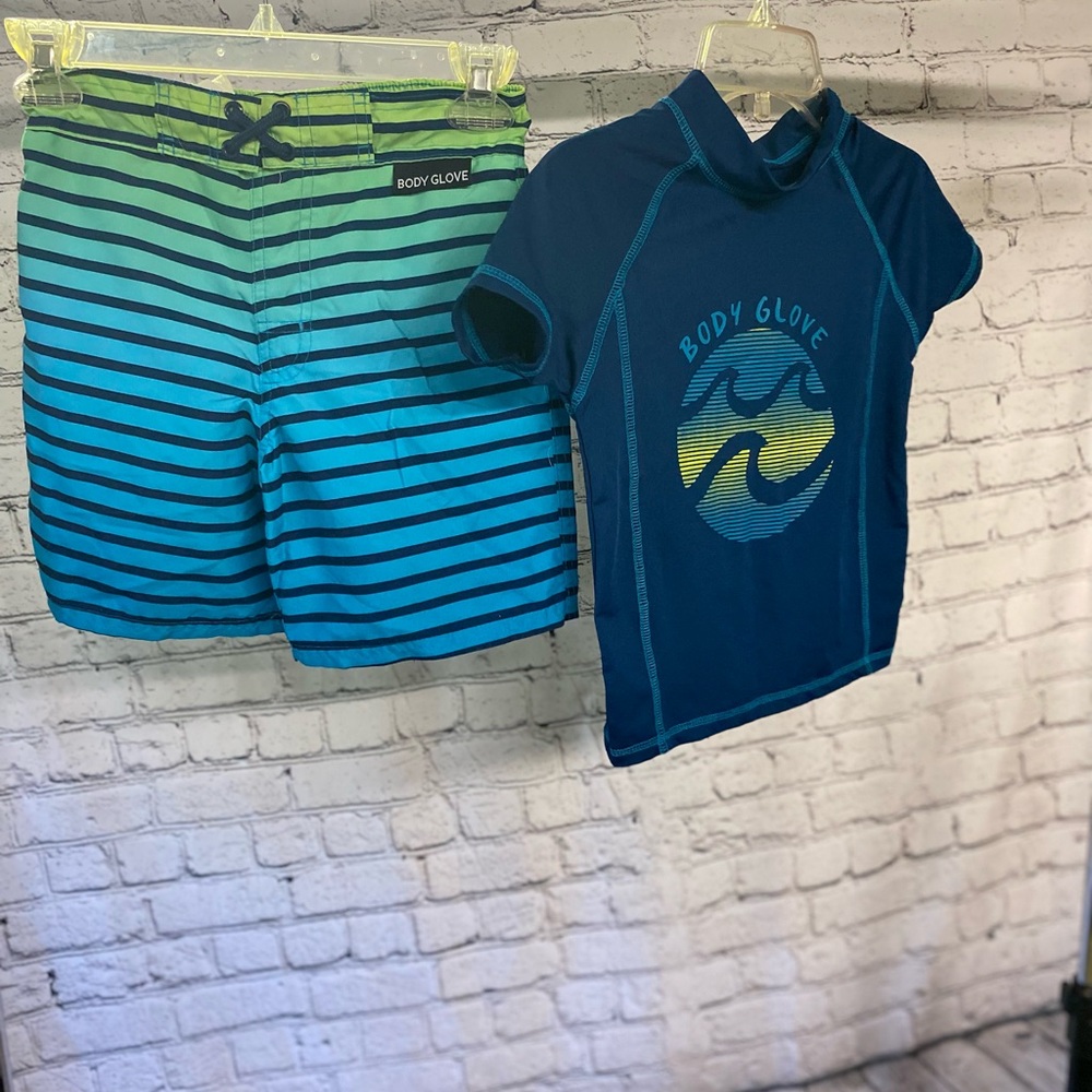 Body Glove Boys Blue and Green Striped Swim Rashguard Set